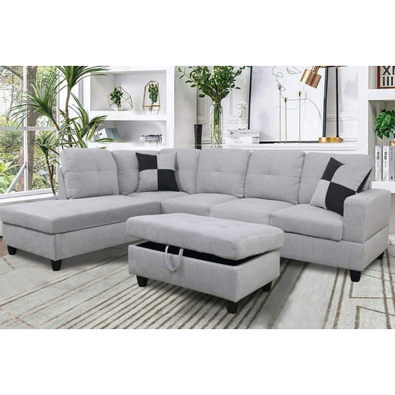 Ponliving Furniture Breeze 106.5'' Sectional Sofa with Storage Ottoman, Left Hand Facing Grey Linen Ponliving Breeze 106.5'' Sectional Sofa with Storage Ottoman, Left Hand Facing Grey Linen