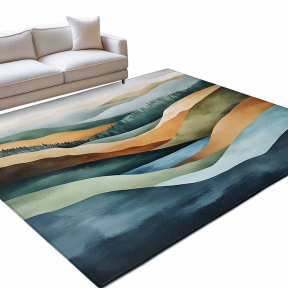 Mountain Forest Area Rug, Abstract Art Non-Slip Felt Rubber Backing Rectangle Indoor Carpet Washable Rugs for Living Room Bedroom 5x8ft