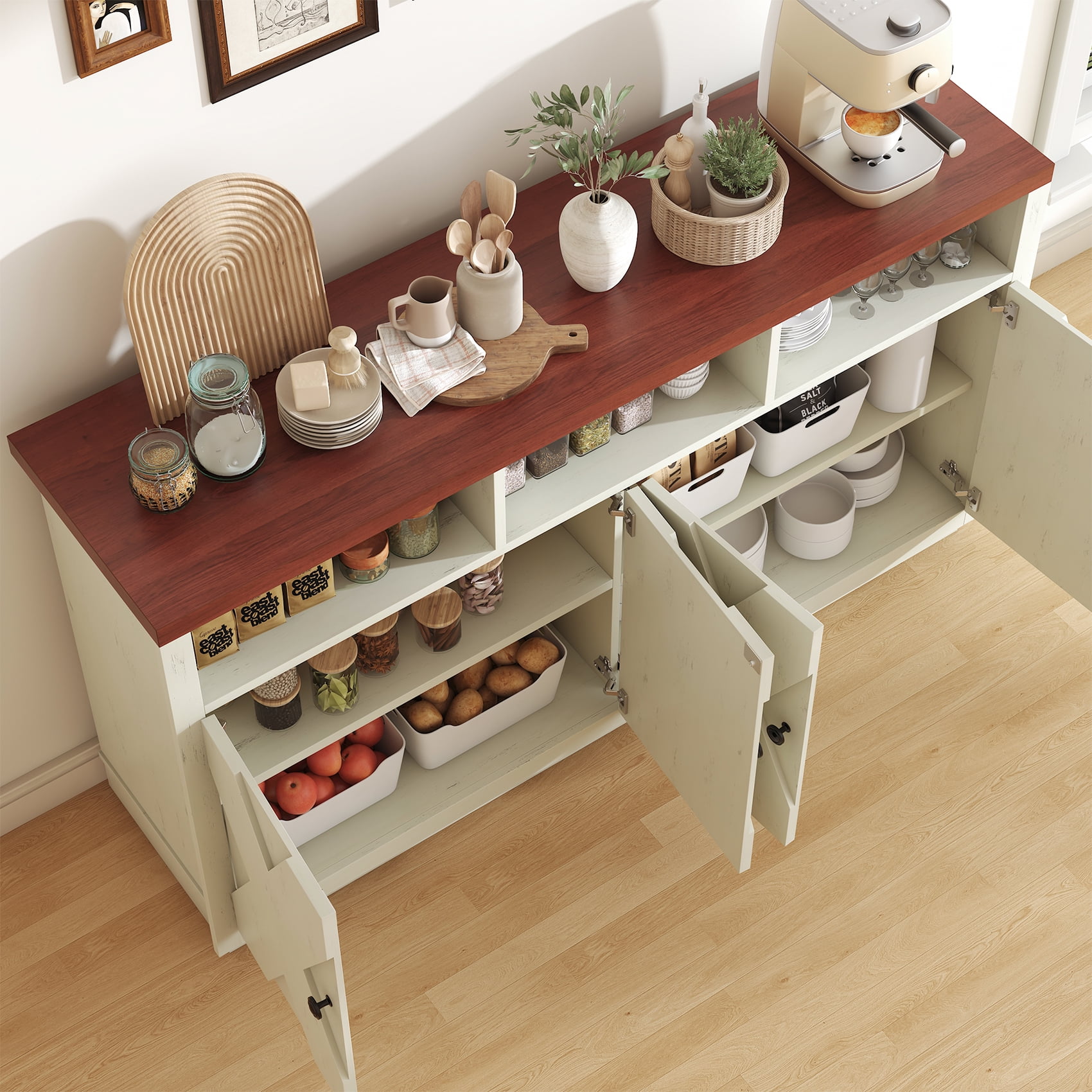 HAUXITIO 60" Farmhouse Buffet Cabinet with 4 Doors & Open Shelves,Kitchen Storage Sideboard for Dining Room & Living Room,Beige