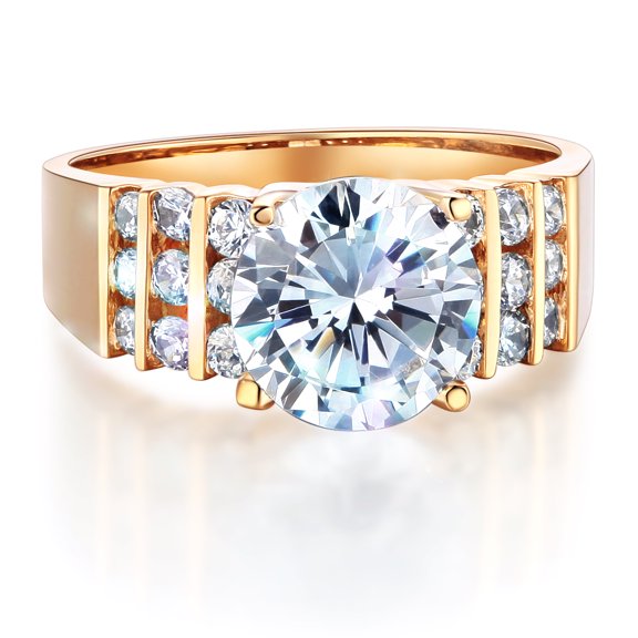 Wellingsale Ladies Solid 14k Yellow Gold Polished CZ Cubic Zirconia Round Cut Engagement Ring with Side Stones - Size 4