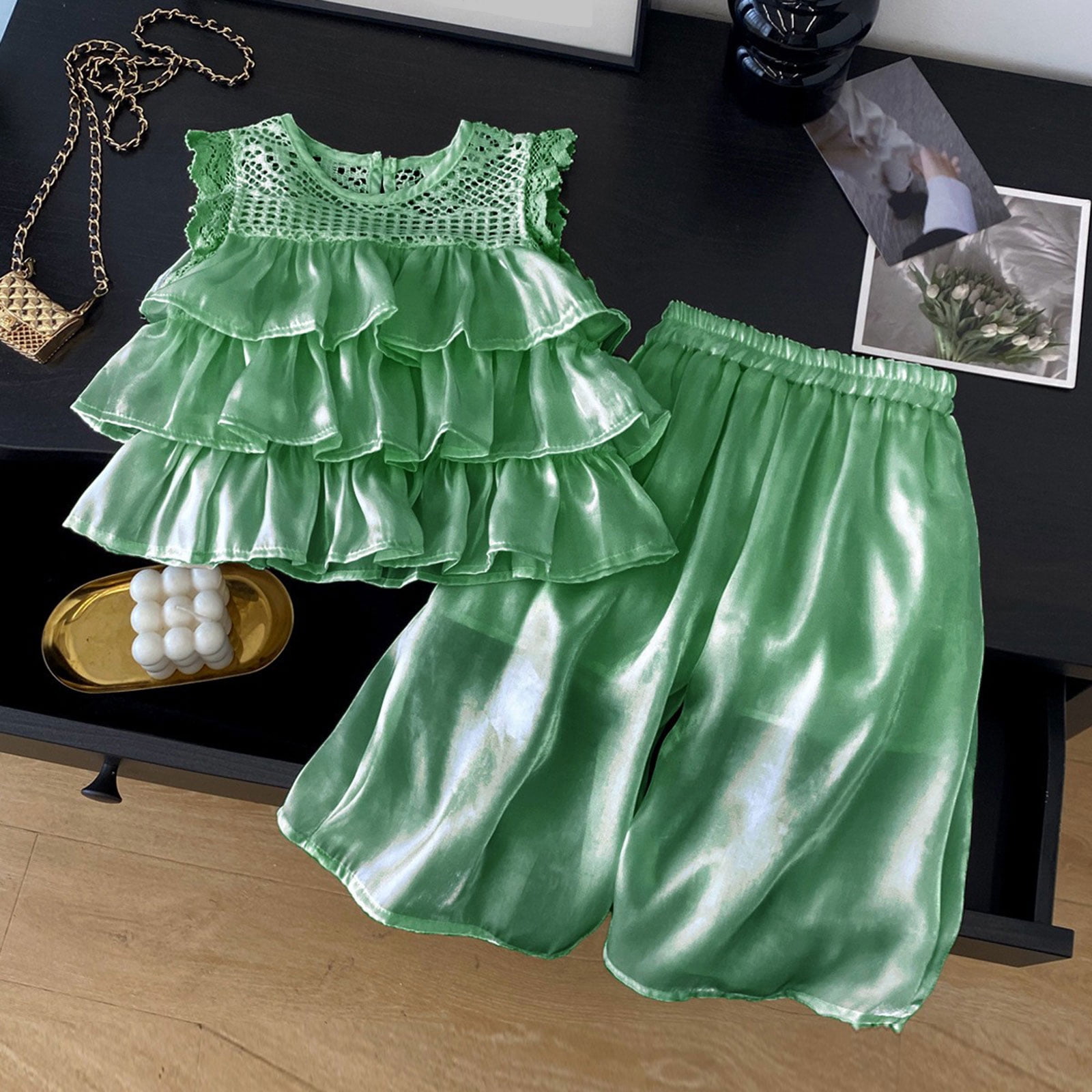 Pandaie 2-10Y Baby Girl Clothes Ruffle Smocked Sleeveless 3 Layered Tutu Shirt Tops Wide Leg Baggy Pants Toddler Summer Beach Outfit Green 140(9-10 Years)