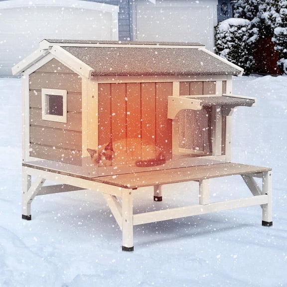 Petsblublu Insulated Outdoor Small Cat House Wooden Indoor Feral Cats Shelter for Winter with Balcony