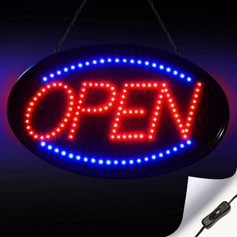 Large Flashing LED Open Sign for Business - Bright Jumbo Neon Open Sign  Light with ON & Off Switch for Restaurants Offices Retail Shops Windows  Storefront - 23x14 Inches - Blue - Red 