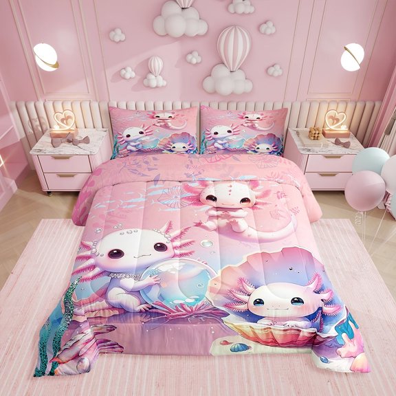 Erosebridal Axolotl Bedding Set Bedroom Decor,Cute Cartoon Axolotl Sea Shell Background Kawaii Bedding Set,Cartoon Sea Animals Axolotl Comforter Queen Size with 2 Pillowcase