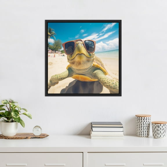 Kate and Laurel Sylvie Funny Animal Turtle Selfie Framed Canvas Wall Art by The Creative Bunch Studio, 22x22 Black, Funny Cute Animal Art for Wall