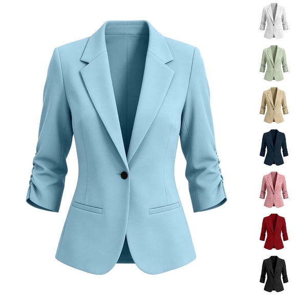 Sheghy Casual Blazer for Women, Solid 3/4 Sleeve Collared Shirt with Buttons & Pockets White S