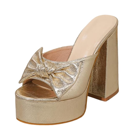 Womens Chunky Platform Sandals Block Heel Peep Toe Elegant Bow Slip on Mules Wedding Party Dress Shoes Gold Size 8