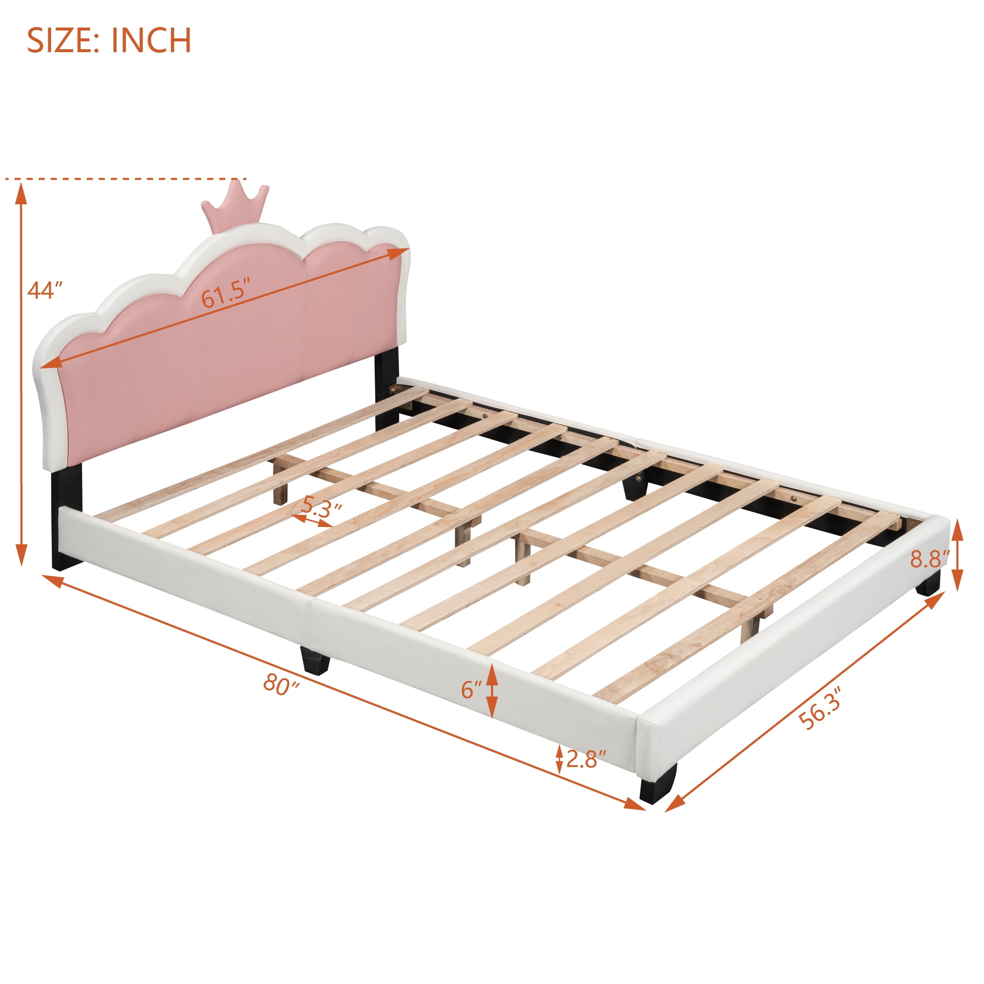 Aukfa Upholstered Platform Bed with Princess Crown Headboard, PU Full Size Bed Frame for Kids - Pink