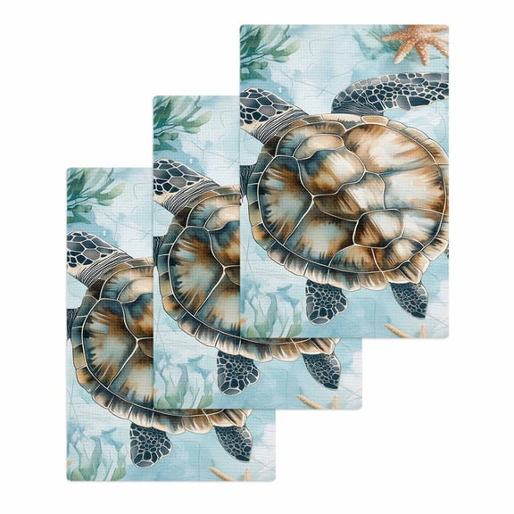 Teal Sea Turtle Coastal Hand Towels Set, Waffle Weave Kitchen Towels 3 Pieces, Summer Beach Nautical Coral Microfiber Hair Face Bath Tea Towel Absorbent Quick Drying Cleaning Dish Cloths, 15.7"x23.6"