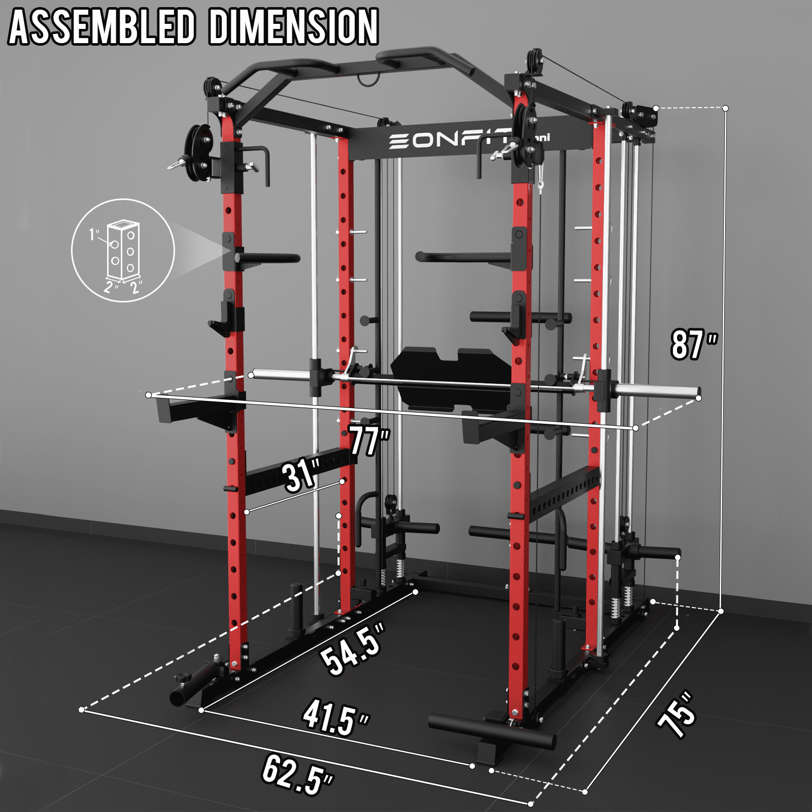 Eonfit E5 Smith Machine with Vertical Leg Press, Power Cage Squat Rack with LAT-Pull Down Cable Crossover Rotating Arms System Home Gym Equipment All in One (E5  RED）)
