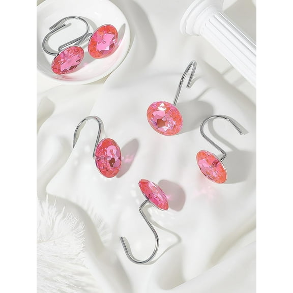 2Pcs Iron Shower Curtain Rings for Bathroom Curtain Hooks Hangers with Acrylic Rhinestone Deep Pink Decorative Shower Curtain Hooks for Bathroom Shower Curtain 60x35mm Pink