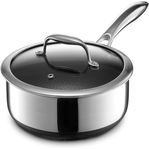 HexClad 3 Quart Hybrid Stainless Steel Pot Saucepan with Glass Lid, Nonstick