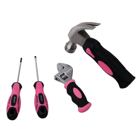 4-PC PINK STUBBY TOOL SET, CLAW HAMMER, ADJUSTABLE WRENCH, SCREWDRIVERS
