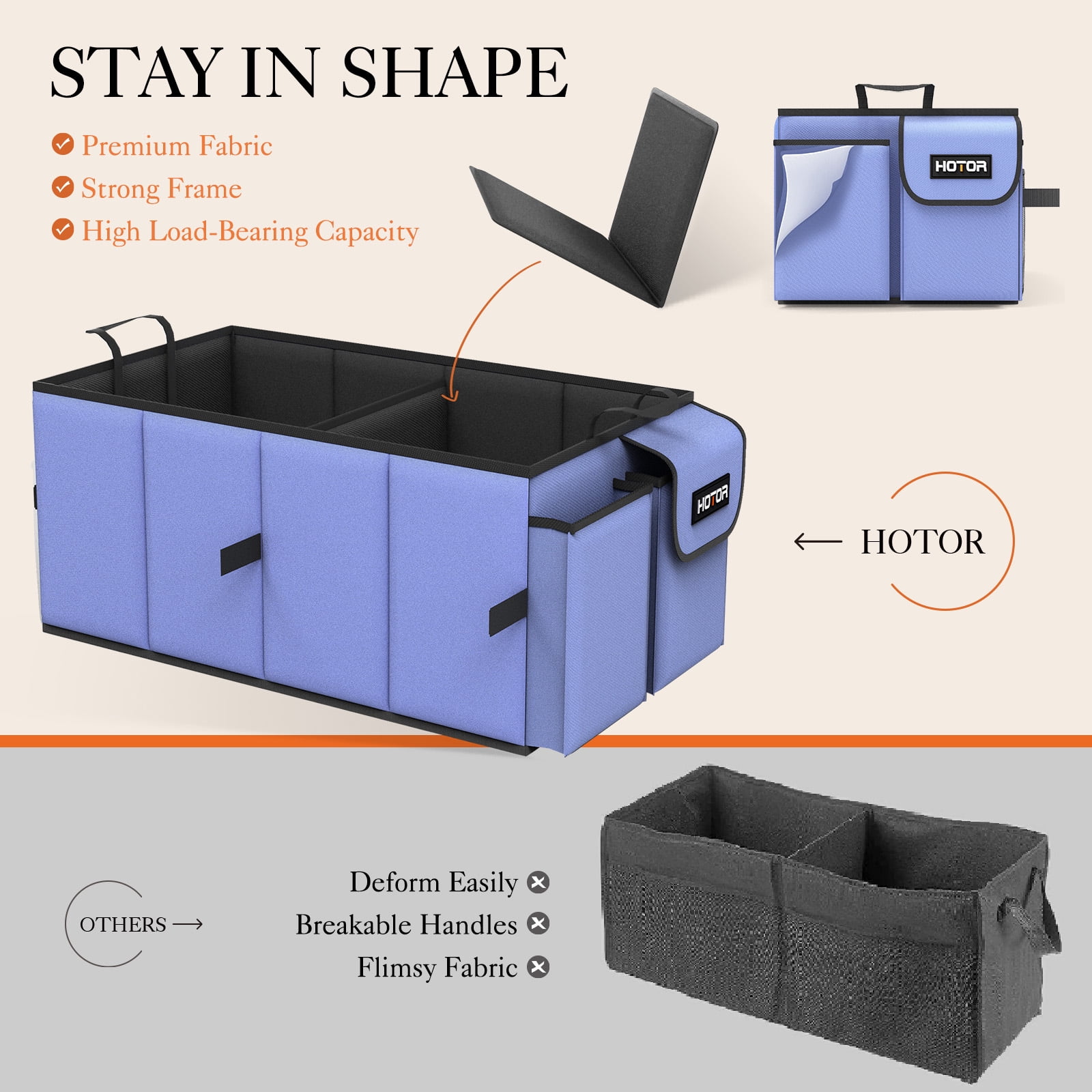 HOTOR Trunk Organizer for Car and SUV - Large-Capacity Car Organizer with Multiple Compartments, Foldable Car Organization for Car Accessories, Tools, Sundries, Blue