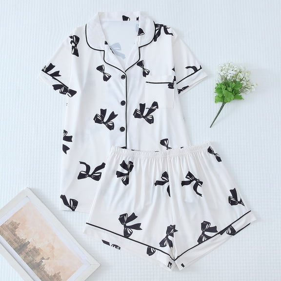 Women‘s Bow Print Loungewear Set | Satin Collared Top & Shorts Pajama Set | Short Sleeve Sleepwear for Home & Casual Outings(White,M)