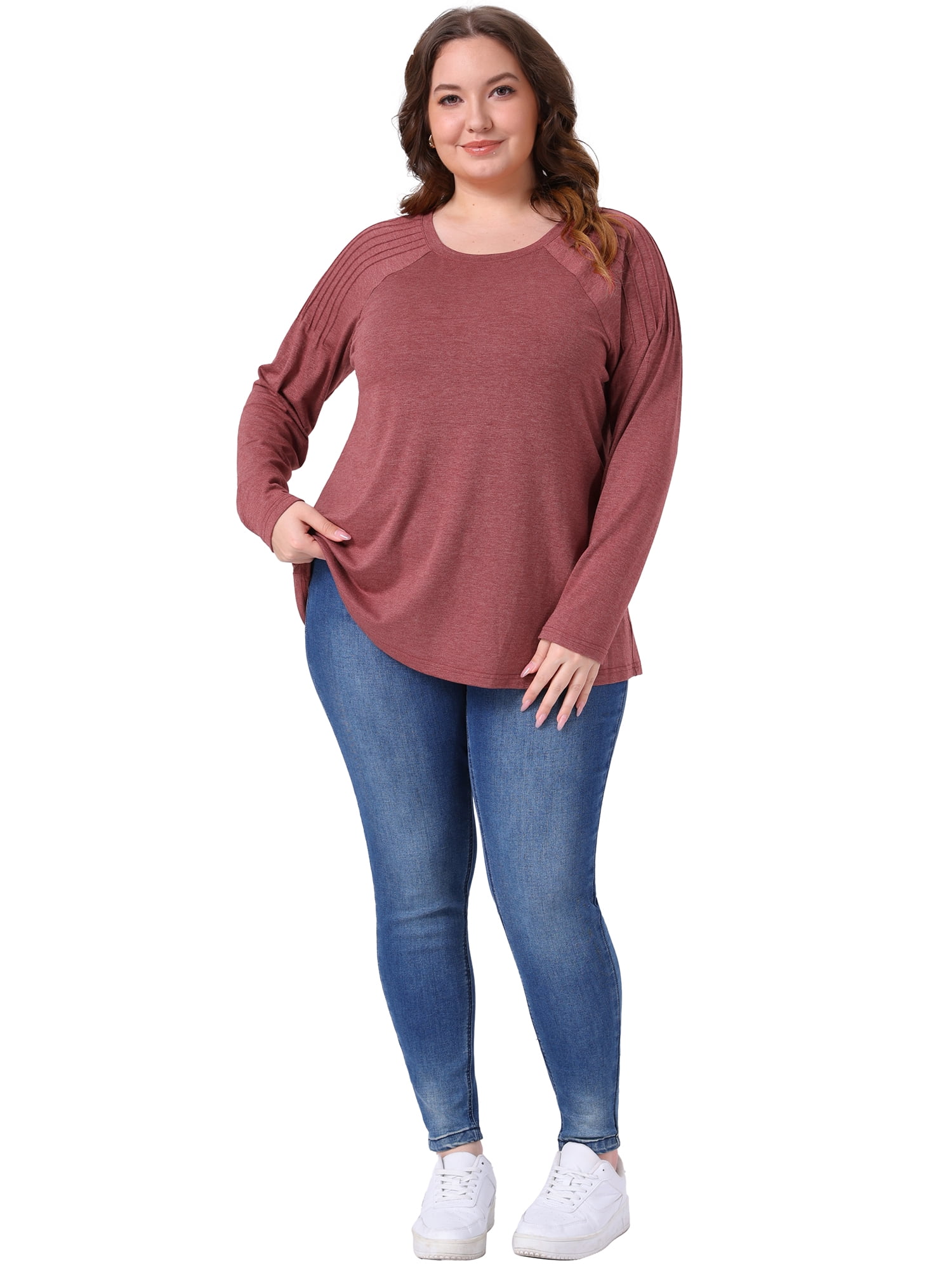 Women's Plus Top Long Sleeve Crew Neck Pleated Shirts Loose Fit Tunic Tops 1X Red