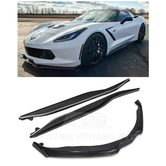 For 2014-2019 Corvette C7 ALL Models | Z06 Stage 2 Style CARBON FIBER Front Bumper Lip Splitter Side End Caps & Side Skirts Panel Pair 