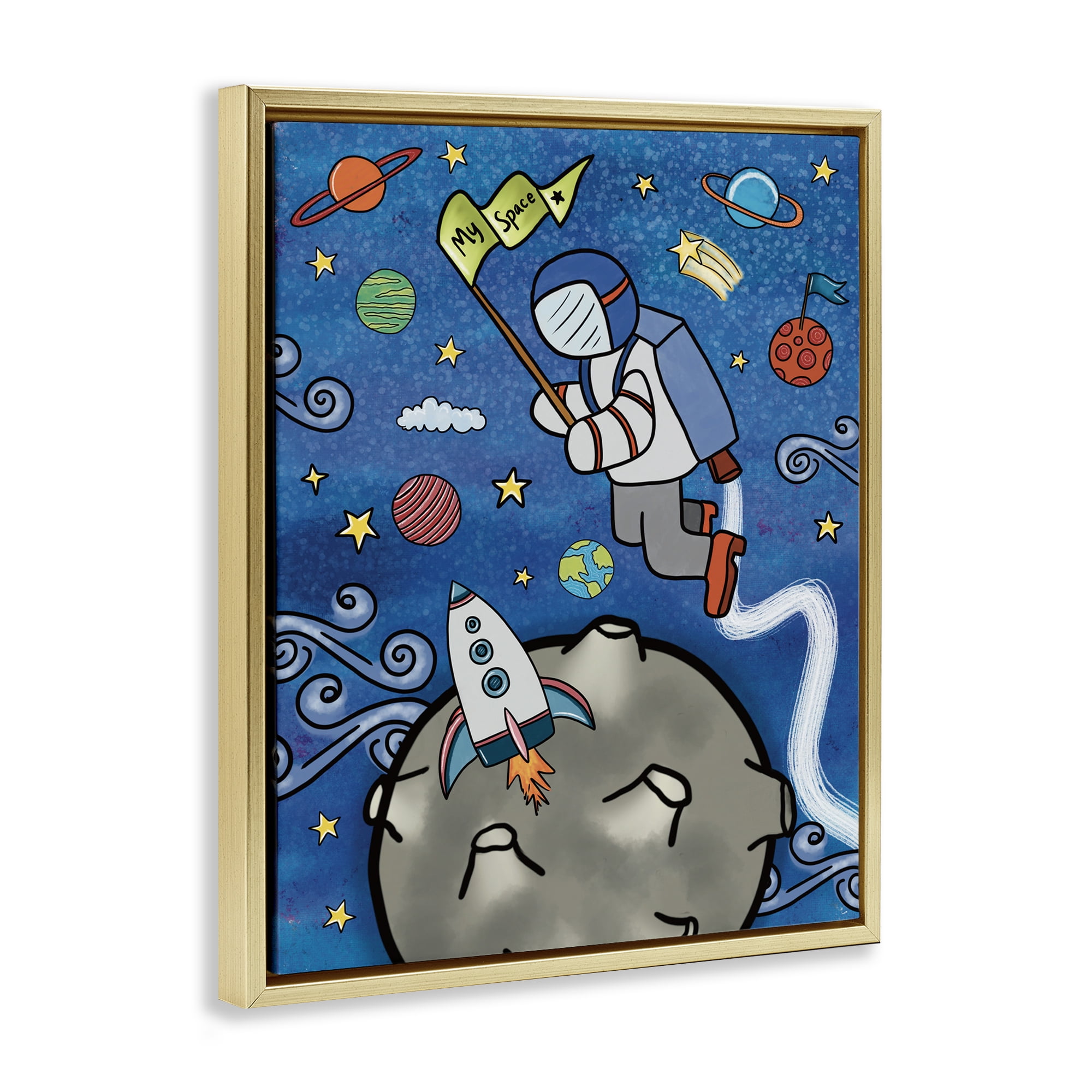 Astronaut Space Adventure Gold Framed Floater Canvas Wall Art, design by Jennifer Stith