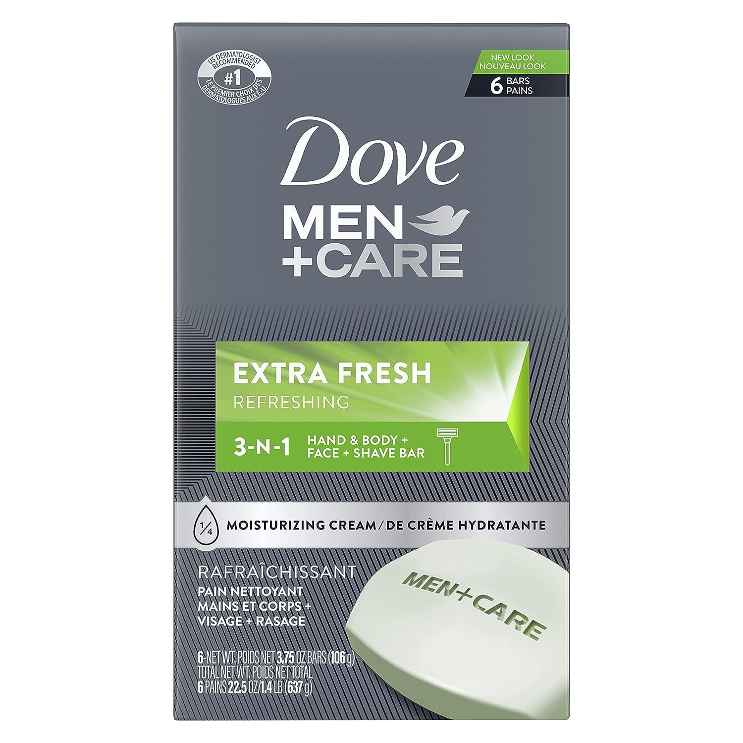 DOVE MEN + CARE 3 in 1 Cleanser for Body, Face, and Shaving 3.75 Oz 6 Bars | Dove Soap to Clean and Hydrate Skin | Extra Fresh Body and Facial Cleanser | More Moisturizing Than Bar Soap