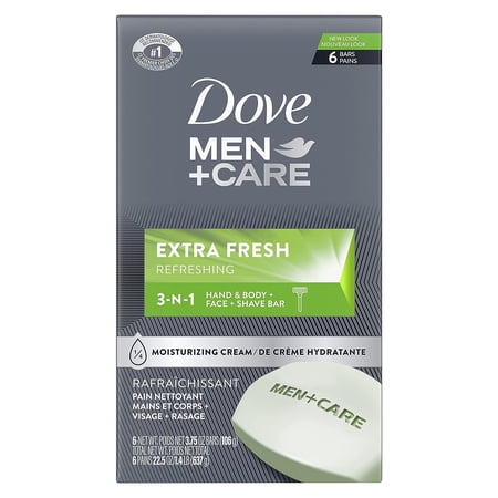 DOVE MEN + CARE 3 in 1 Cleanser for Body, Face, and Shaving 3.75 Oz 6 Bars | Dove Soap to Clean and Hydrate Skin | Extra Fresh Body and Facial Cleanser | More Moisturizing Than Bar Soap