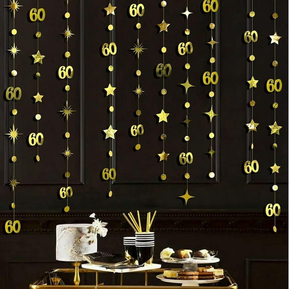 Cheerland Gold 60th Birthday Decorations Number 60 Circle Dot Twinkle Star Garland Metallic Hanging Streamer Bunting Banner Backdrop