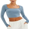thumbnail image 2 of Solid Color Long Sleeve Women‘s Cropped Tops with Navel Show, 2 of 5
