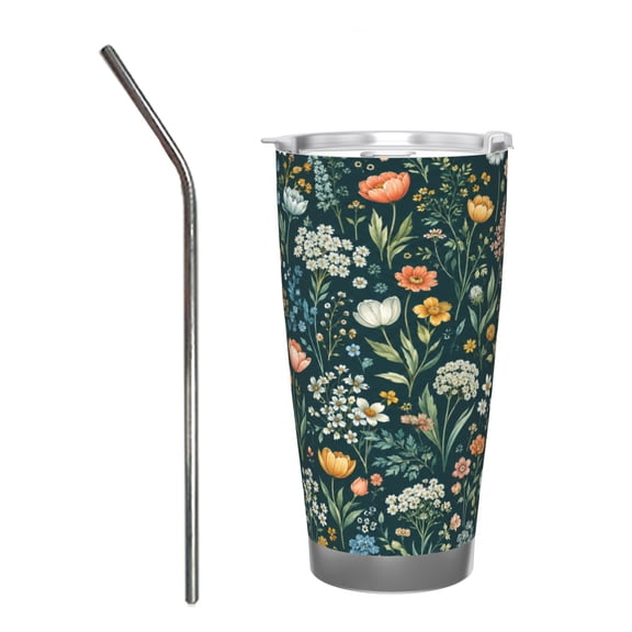 20oz Dark Teal Wildflower Car Tumbler Insulated Travel Cup with Handle and Straw Lid Floral Gift with Stainless Steel Straw