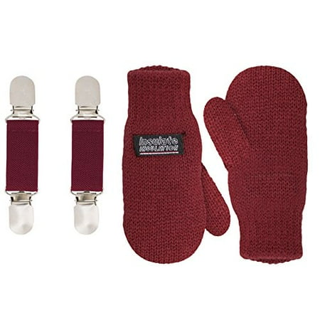 SANREMO Unisex Kids Toddler Knitted Fleece Lined Warm Winter Mittens and Mitten Clips Set (1-3 Years, Maroon)