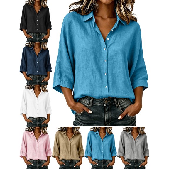 Tops for Women 100% Cotton Summer Solid Casual V-Neck Button Down 3/4 Sleeve Shirt