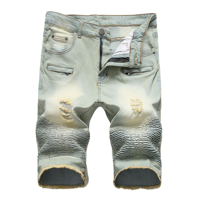 WEAIXIMIUNG Men Work Pants Mens Denim Shorts B Iker Zipper Distressed Ripped Slim Stretch Cropped Pants