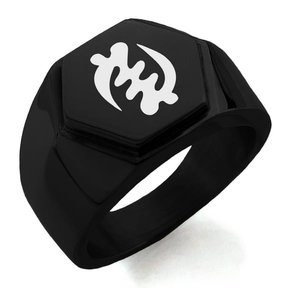 Stainless Steel Aztec Supremacy Rune Engraved Hexagon Crest Flat Top Biker Style Polished Ring