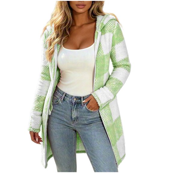 GUACER Fleece Cardigans for Women Hooded Zip Up Fashion Plaid Long Sleeve Cozy Long Coats Casual Fall Winter Outerwear