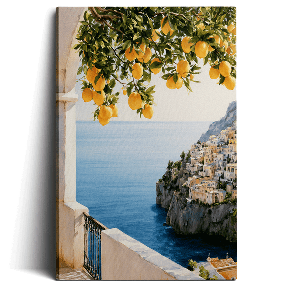 Topbout Art Mediterranean Lemon Canvas Wall Art, Santorini Blue Ocean Sea Tree Picture for Bathroom, Ready to Hang 12*8 inch