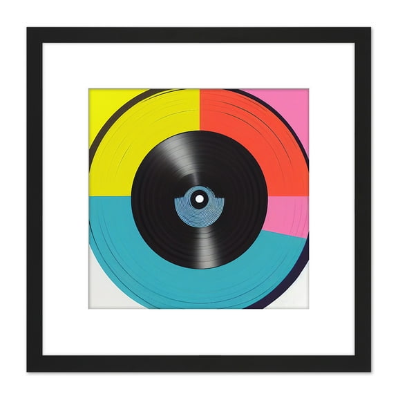 Abstract Retro Pop Art Vinyl Record Sixties Colourful Yellow Red Pink Blue Painting Square Wooden Framed Wall Art Print Picture 8X8 Inch