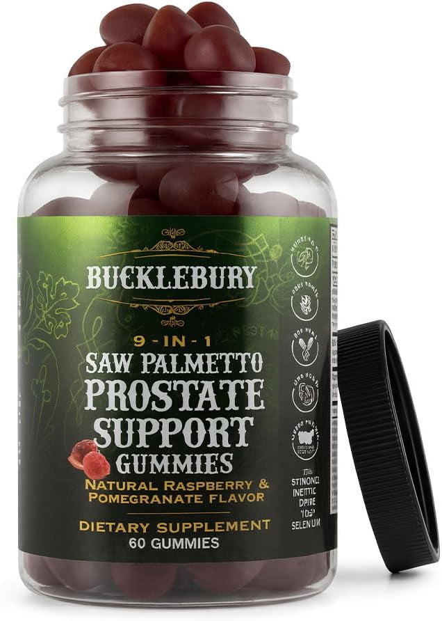 9-in-1 Saw Palmetto Gummies for Prostate and Urinary Support - Natural Raspberry and Pomegranate Flavour Plant-Based Dietary Supplement for Bladder Emptying and Hair Loss - 60 Gummies