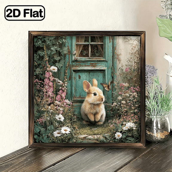 1pc Decoration Featuring an Adorable Rabbit Sitting to a Wooden Door, Surrounded by Butterflies And Flowers This Wooden-Framed Wall Sign Is Perfect for Spring, Easter, And Garden Home Decor
