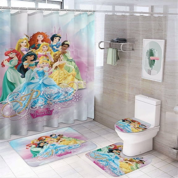 4 Piece Princes Shower Curtain Sets, with 12 Hooks Non-Slip Rugs Toilet Lid Cover and Bath Mat for Bathroom Decor Set 72in