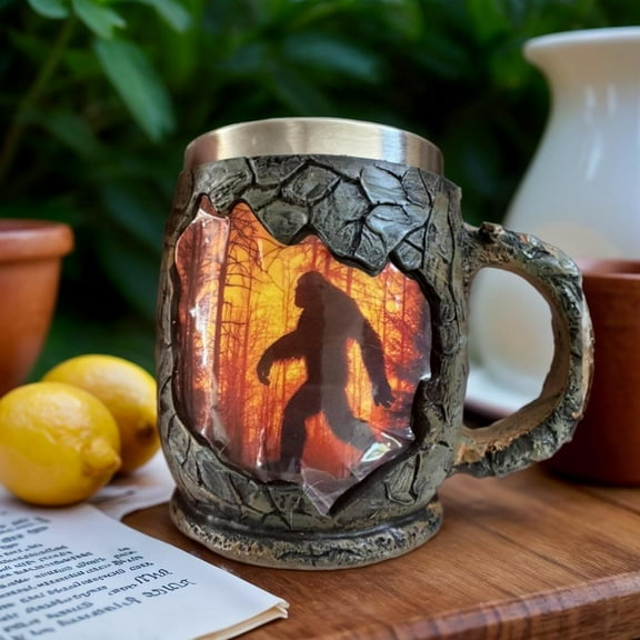 QHUDLV Forest Fire Mug, 3D Forest Silhouette Vintage Sasquatch Outdoor Coffee Gifts Cup Campfire Mug for Camping Kitchen, Sasquatch Outdoor Camping Campfire Mugs, Nature Lovers Gift