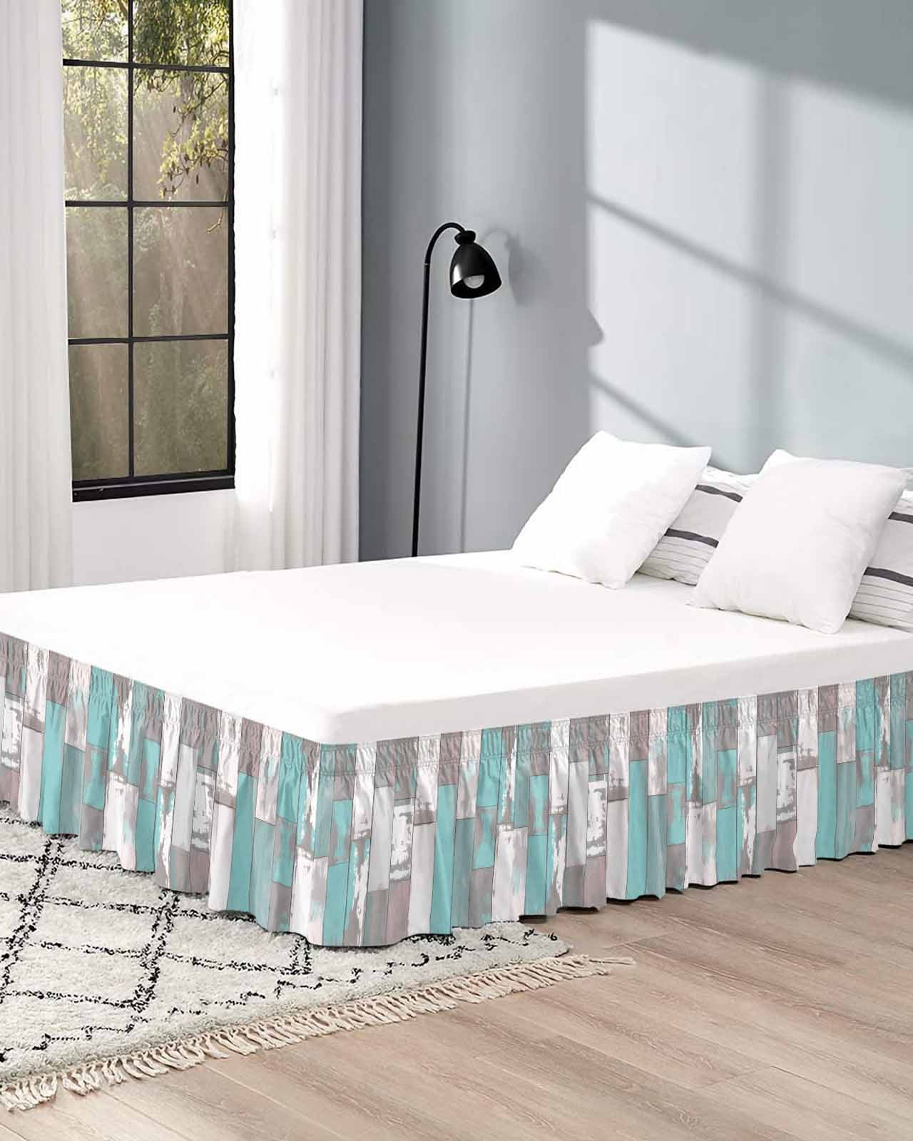 Turquoise Gray Wrap Around Bed Skirts for Queen Bed 18" Drop,Bed Skirt with Adjustable Elastic Belt Dust Ruffle Bed Valance for Bedroom Hotel Country Retro Mottled Texture Wood Grain Bed Frame Cover