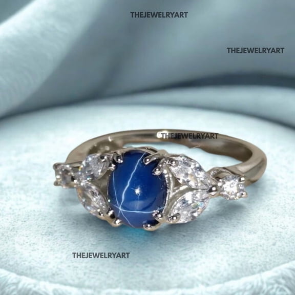 thejewelryart Natural Blue Star Sapphire Oval Cut Gemstone with CZ Diamond Ring Handmade 925 Sterling Silver Jewelry for Gift Silver 3