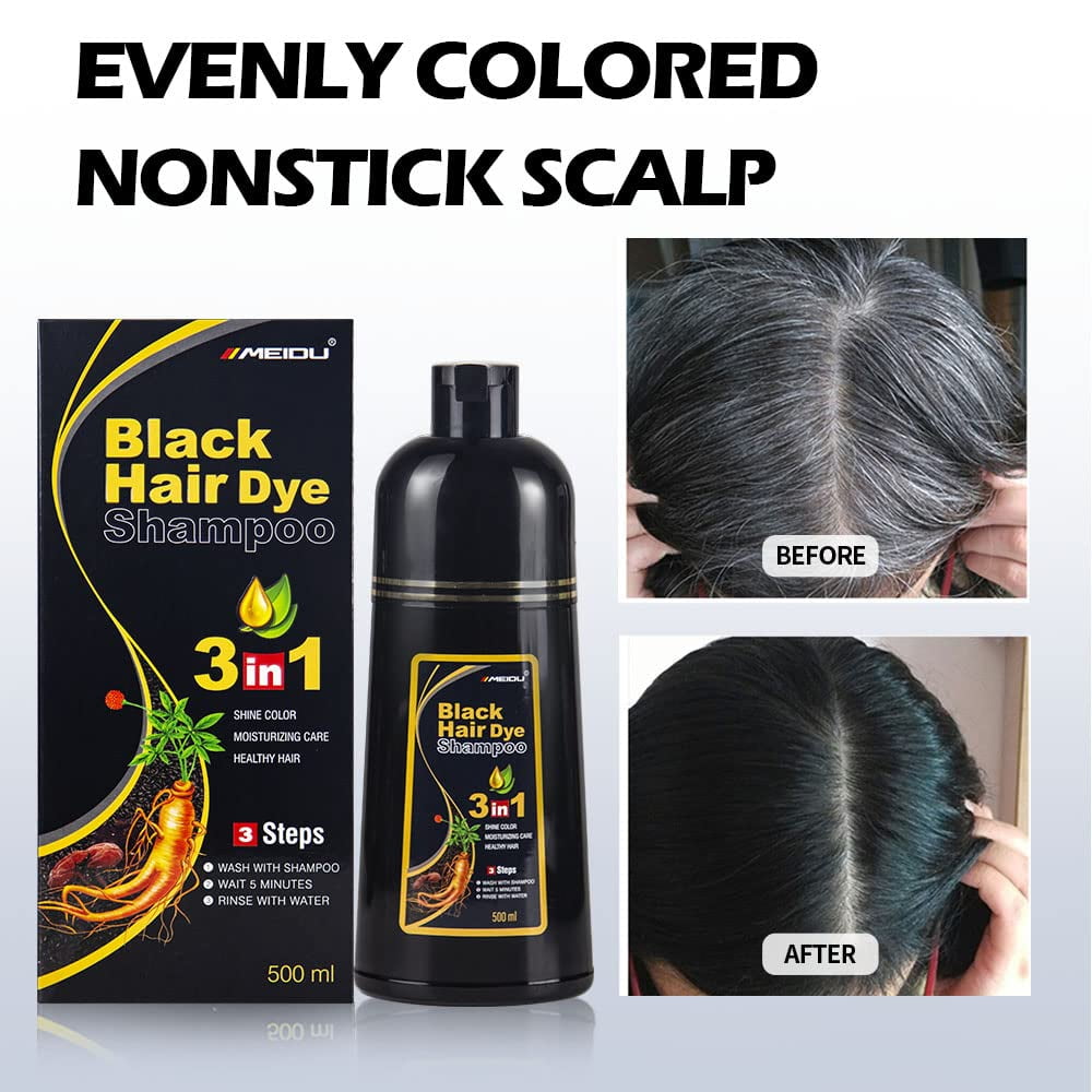 MEIDU Black Hair Dye Shampoo for Gray Hair, Semi-Permanent Hair Color Shampoo for Women and Men, Herbal, 3 in 1 100% Grey Cover