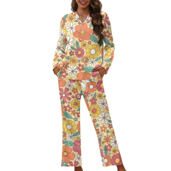 Renewold Hippie Flowers Pajamas for Women Set of 2 Long Pants Personalized Relaxed Home Life Scoop Neck Outfits Sleepwear Lounge Wear Thermal Button Nightwear Size XS