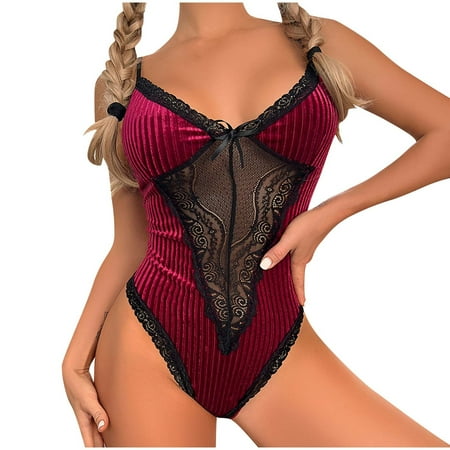 Women One Piece Lingerie Patchwork Embroidery Bodysuit Velvet Lace Leotard Deep V Neck Backless See Through Tight Body Suit Erotic Sling Shapewear