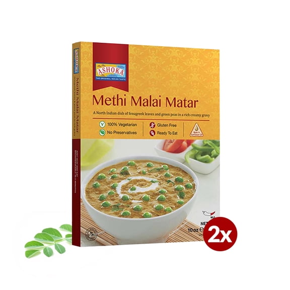 Ashoka All-Natural Meals 1932, Vegetarian Fenugreek Leaves & Green Peas, Kosher Certified, Ready to Eat Authentic Indian Meals, Methi Malai Matar, On the Go Meals, No Preservatives, Pack of 2