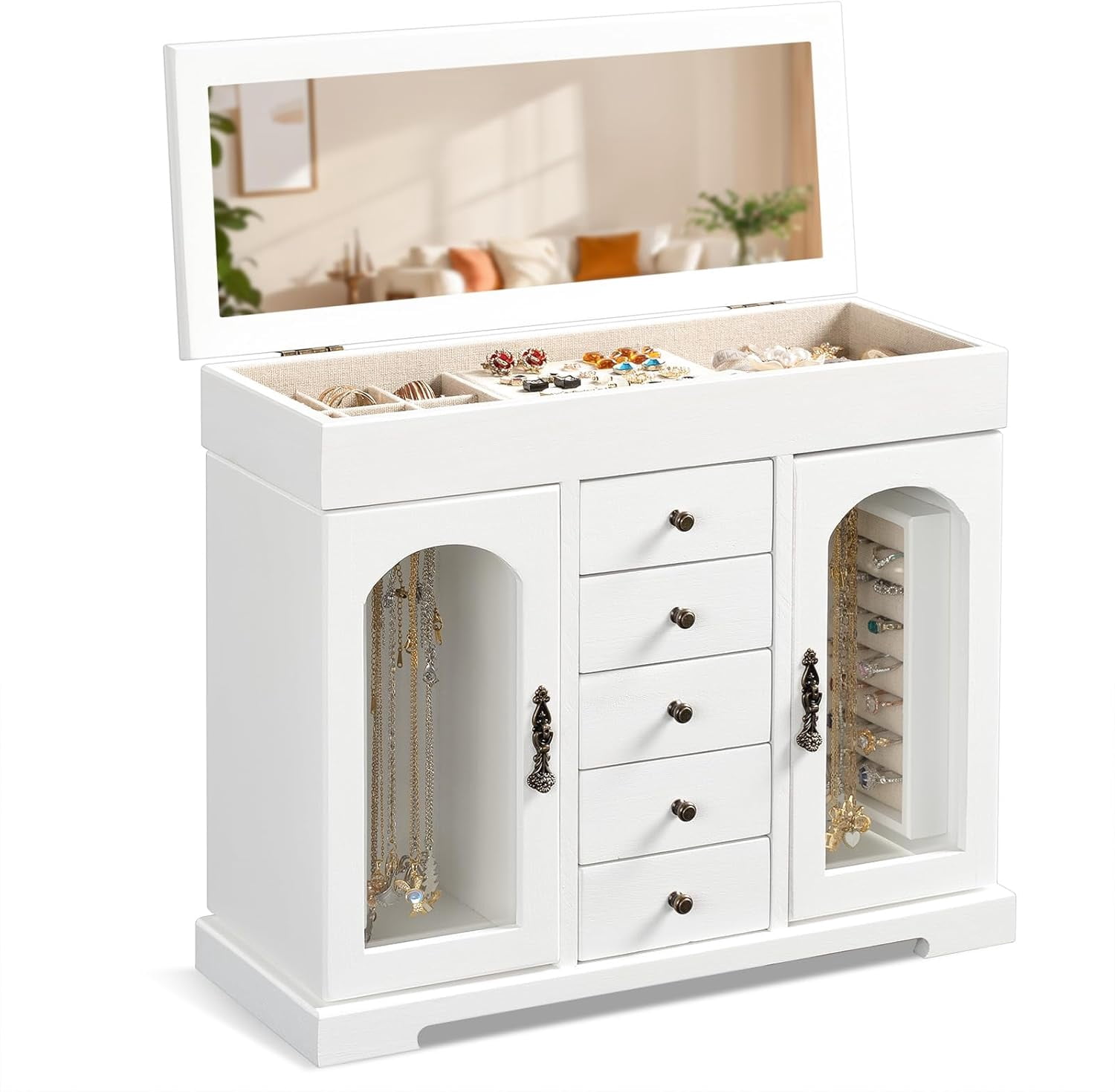Jewelry Box for Women Girls, Wooden Jewelry Organizer Box with Mirror, 5 Layer Jewelry Storage Case White