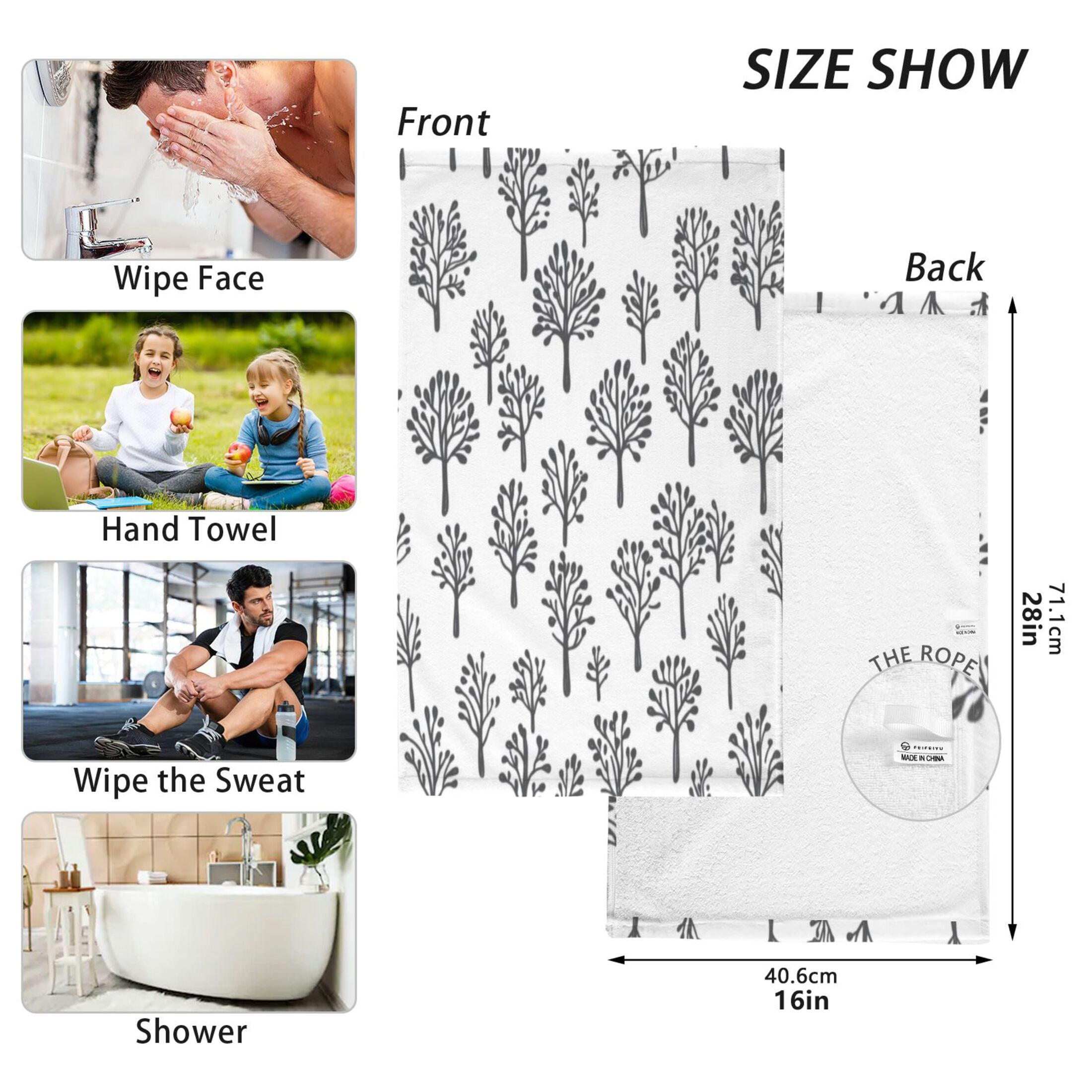 Cotton Towel Two-Piece 16x28 Inch One Sizex2 Face Towel Set Towel Set Cotton Hand Bath Towel Bathroom Beach Black Cartoon Tree