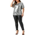 thumbnail image 2 of Plus Size Metallic Top for Women Keyhole Round Neck Short Sleeve t Shirt Party Blouses Tee Top 1X Silver, 2 of 6