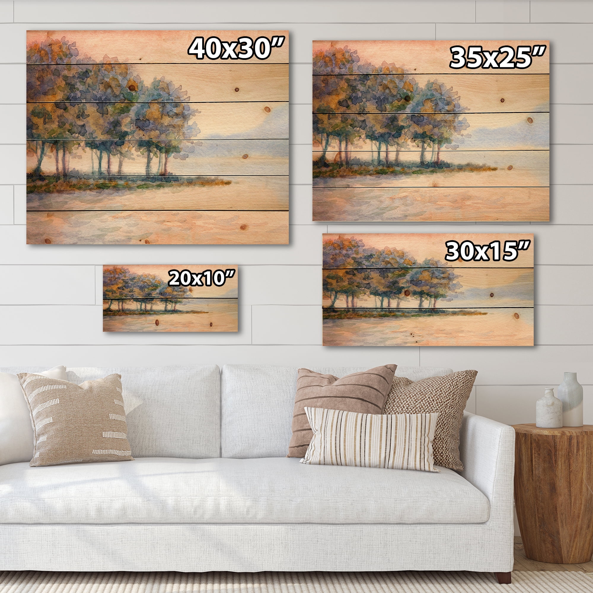 Designart 'The Rural Lake In Sunset Evening II' Traditional Print on Natural Pine Wood