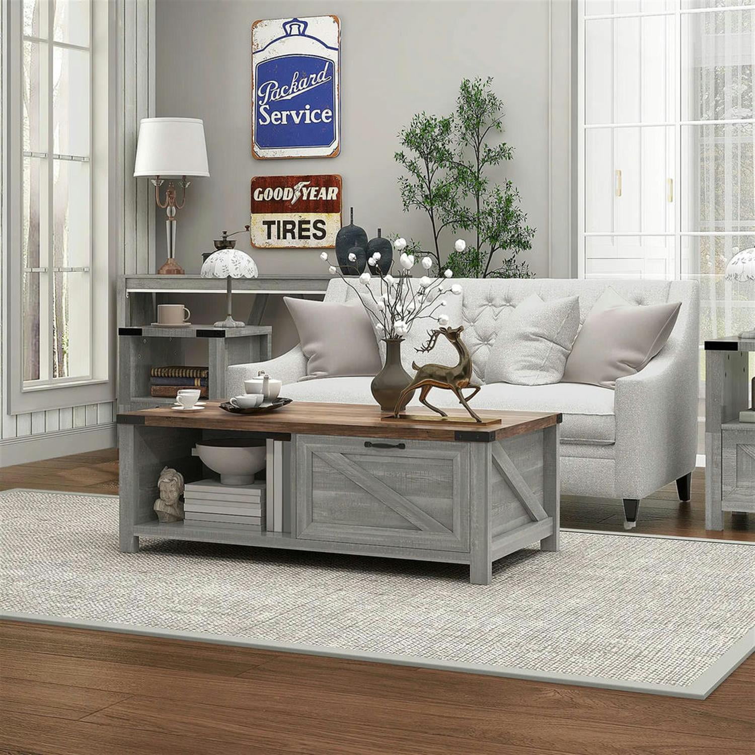 Demi Bonn 46" Rustic Coffee Table with Storage, Farmhouse End Table with Drawer & Open Shelf for Living Room, Space-Saving Console Table, Gray