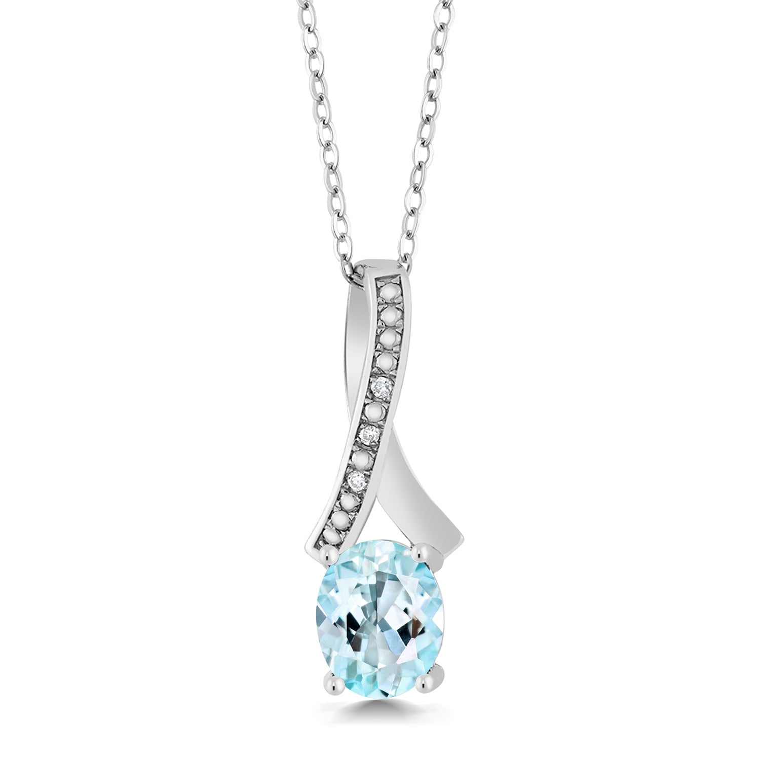 Gem Stone King 2.04 Ct Oval Sky Blue Topaz White Diamond 925 Sterling Silver Pendant
